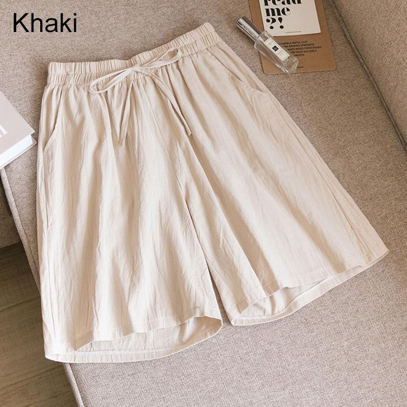 Women Summer Elastic Waist Wide Leg Pants Drawstring Shorts Beach Shorts Loose Casual Solid Color