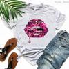2024 Hot Sale Black T Shirt Unisex Pink Glitter Lips Graphic Print Tshirt Femme Luxurious Makeup Sexy Tshirt Haut Femme