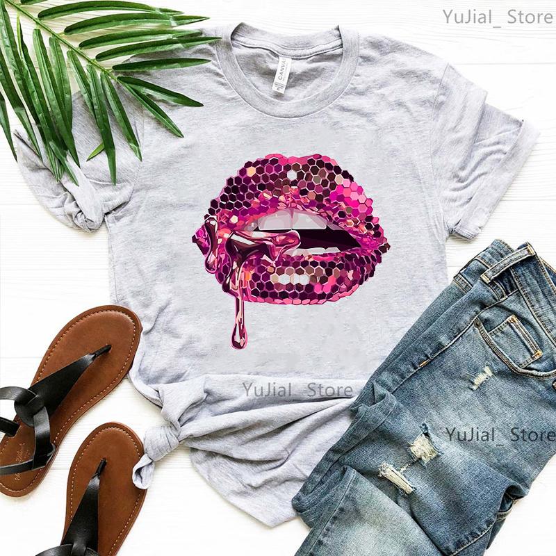 2024 Hot Sale Black T Shirt Unisex Pink Glitter Lips Graphic Print Tshirt Femme Luxurious Makeup Sexy Tshirt Haut Femme