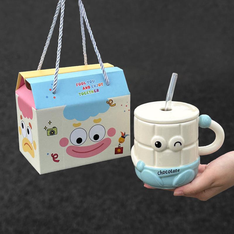 High-value Cartoon Straw Cup Cute Ceramic Mug with Lid for Girls' Girlfriend's Birthday Gift Souvenir