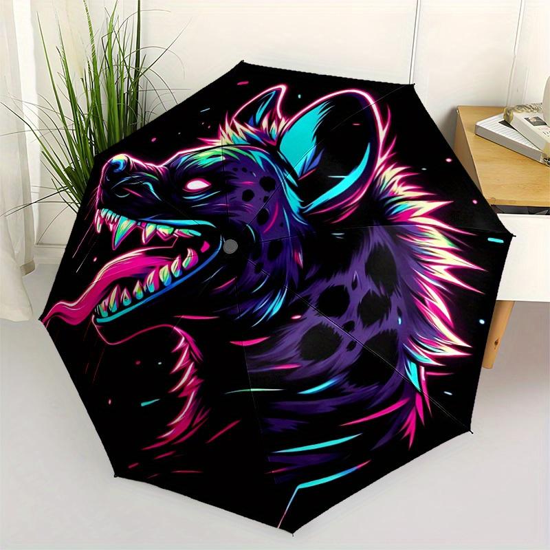 1pc Neon Wolf Auto Open/Close Leisure Cool Umbrella with Windproof, Functional Design, 8-Rib Sturdy Canopy