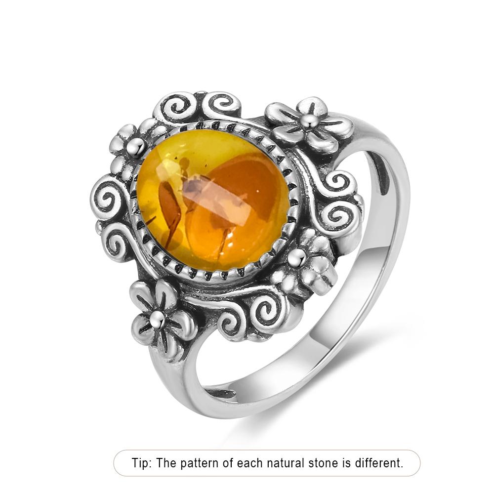 Кольцо из стерлингового серебра с натуральным янтарём, в форме цветка, овальное, лепестки, янтарные камни, подарки, изысканные украшения для женщин