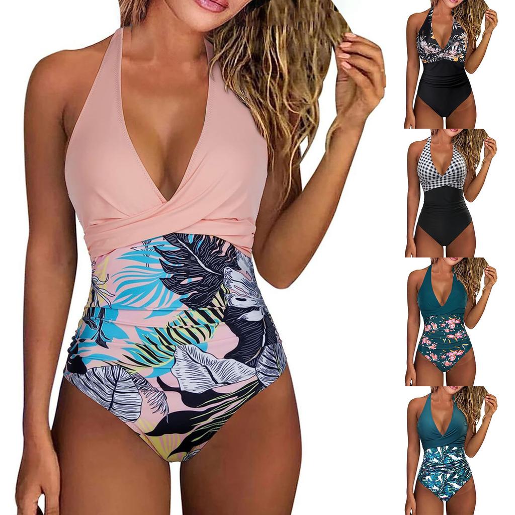 Women's One-piece Sexy Bikini Printed Patchwork Backless Swimsuit With Bra Padded No Steel Support
