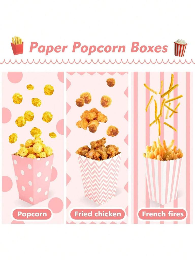 12Pcs Popcorn Paper Boxes Buckets Pink White Stripes Bags Snack Containers for Movie Night Birthdays Carnival Party Supplies