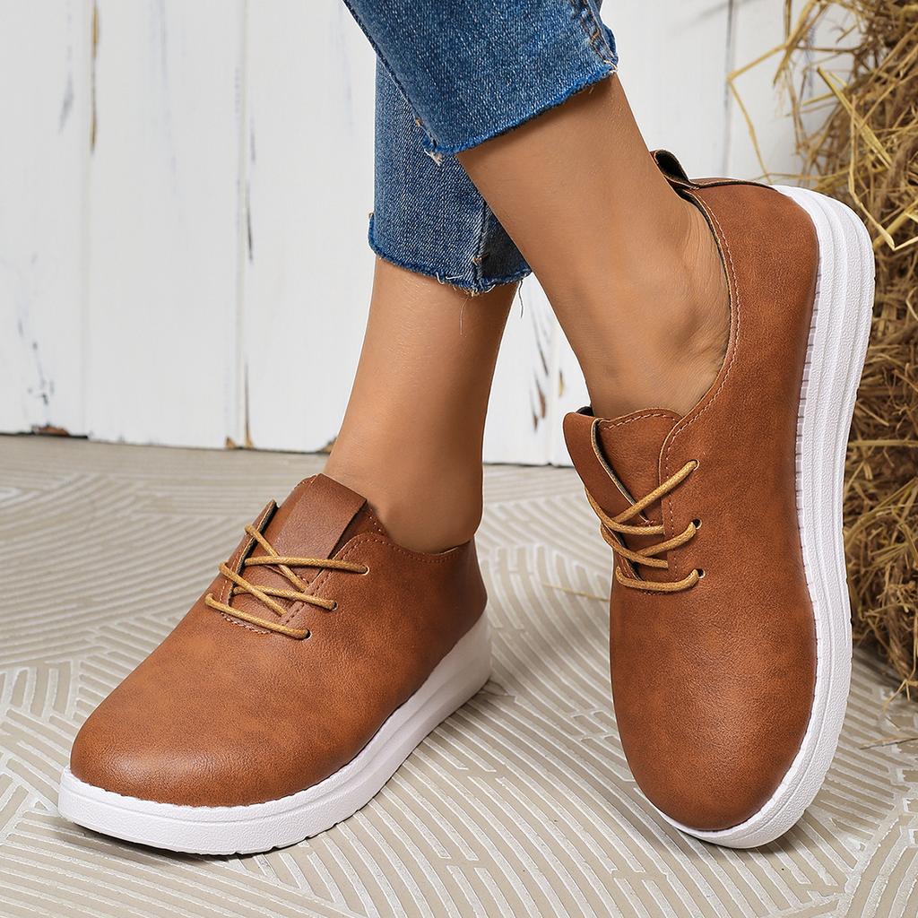 Fashion New Spring and Autumn Leather Women Shoes Solid Color Round Head Front Lace Up Comfortable Women's Casual Sneakers Size 36-42