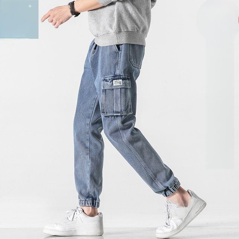 Мужские джинсы с несколькими карманами, рабочая одежда, брюки-карго, черные, синие, с эластичным поясом, джинсовые брюки-джоггеры, большие размеры, джинсовые брюки