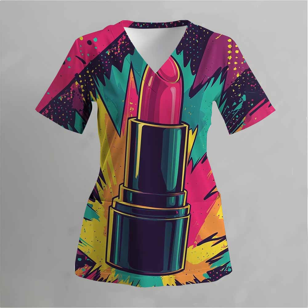 Матовая медицинская униформа с розовым рисунком в виде кошки, женская униформа с V-образным вырезом и коротким рукавом, с карманом, женская матовая