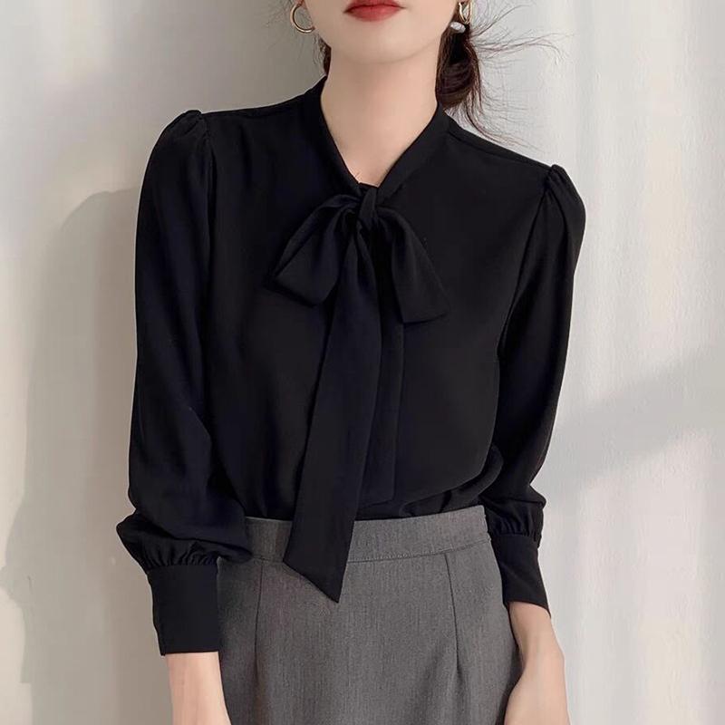 Women Blouses Shirts 2025 Spring Long Sleeve Women Blouse Shirt Bow Collar Black White Chiffon Blouse Shirt Women Tops J862