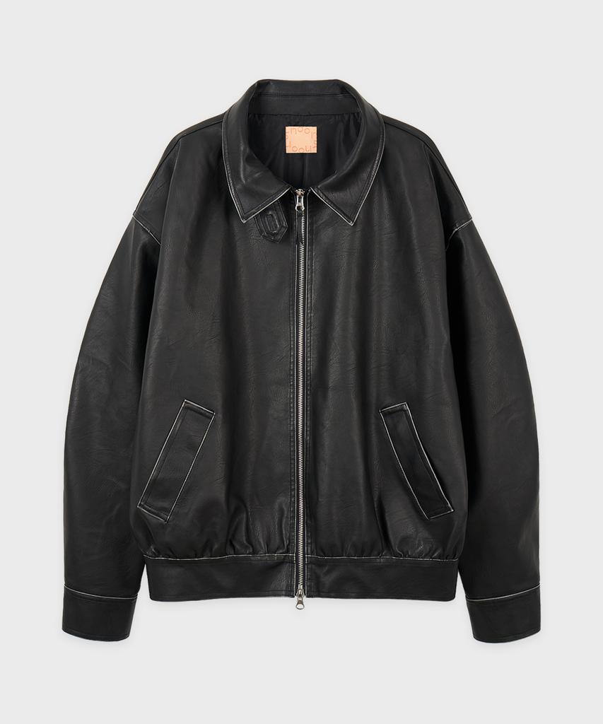 SINOON Shirred Leather Blouson Jacket (Black)