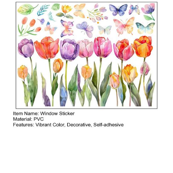 Yousheng Цветочные наклейки на окна, яркий цвет, тюльпан, бабочка, дизайн, ПВХ, стеклянная пленка, наклейка, гостиная, кухня, офис, декор