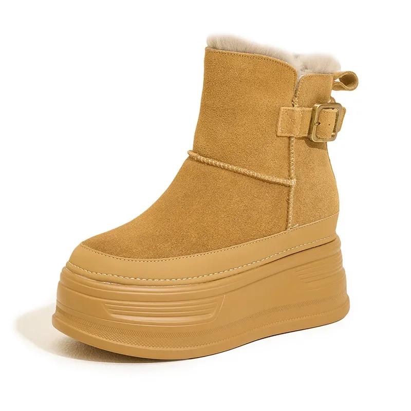 9 см замша коровья натуральная кожа платформа танкетка 2024 зимние плюшевые женские сапоги скрытый каблук весенние теплые ботильоны осенняя обувь