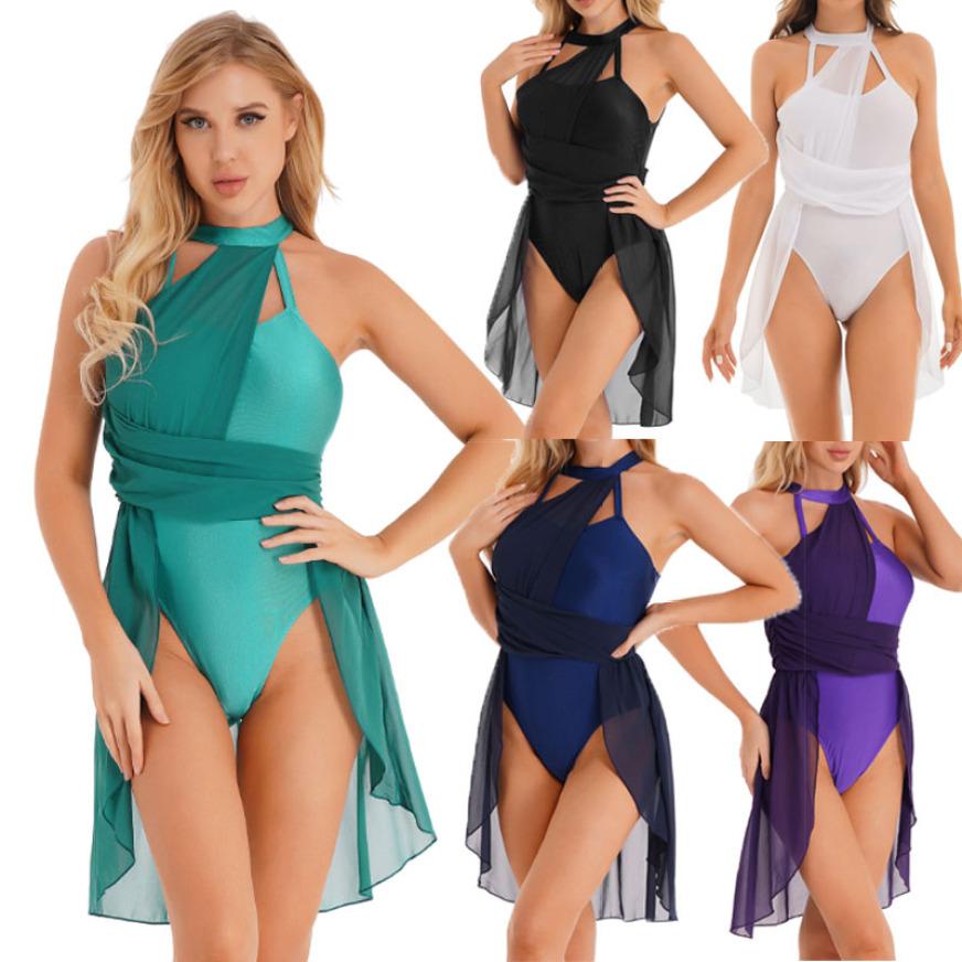 Женский шифоновый танцевальный костюм для гимнастики, лирическое танцевальное платье, современный костюм, шифоновая танцевальная одежда с лямкой на шее