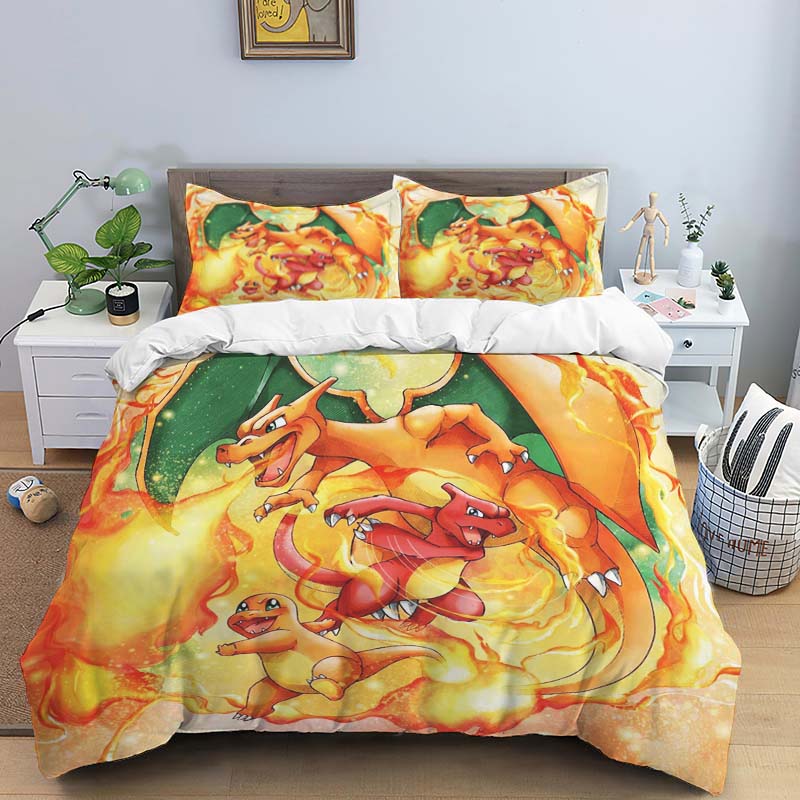 Cute Cartoon Charizard-Themed Bedding Set, featuring a soft duvet cover and pillowcases—perfect for teenagers, children, and mor