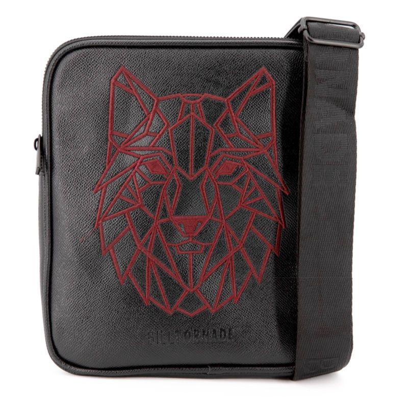 Textured Faux Leather Satchel with Red Wolf Embroidery Safiano 22x25x2cm Men BILL TORNADE