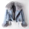 Autumn Winter Women's Detachable Faux Fox Fur Rabbit Fur Inner Lining Denim Jacket Women's Short Top Female Warm Parker Outwear