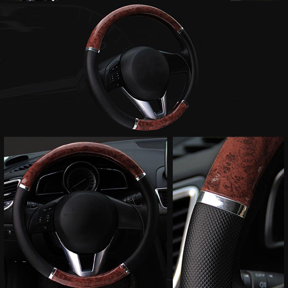38см узор из красного дерева (ПВХ+ кожа) Крышка рулевого колеса автомобиля