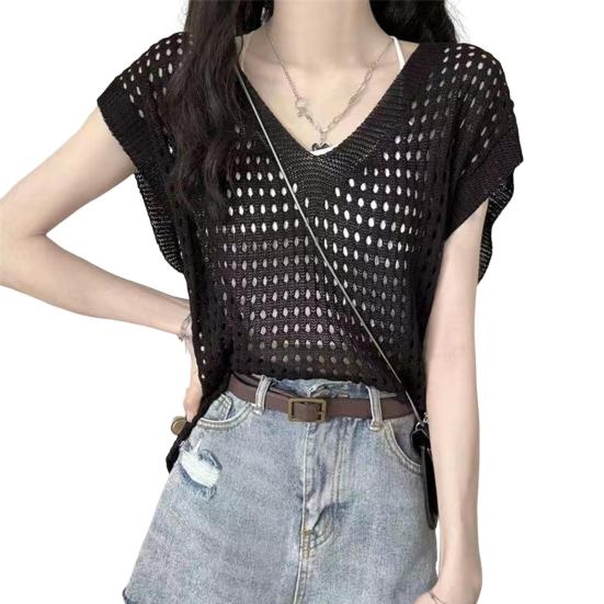 Женские топы с вырезами, V-образным вырезом, без рукавов, вязаные майки, однотонные