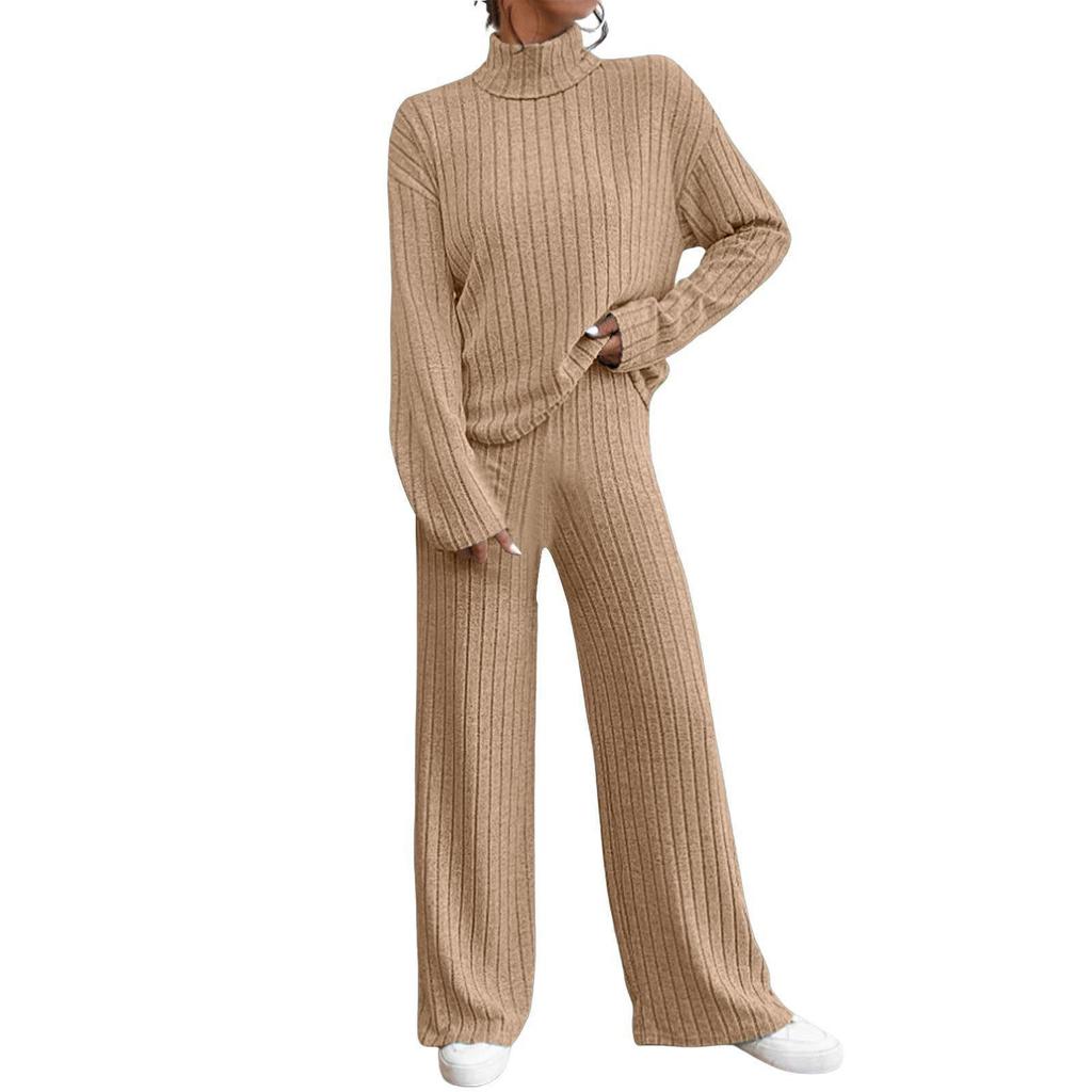 European & American 2023 Autumn/Winter High-Neck Knit Sweater & Loose Trousers Women's Two-Piece Casual Suit