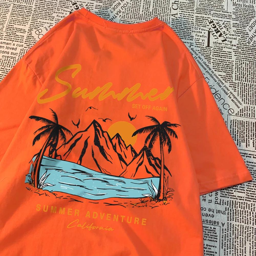 Летнее приключение Закат Кокосовая пальма Горная живописная местность Футболка Мужская Женская Хип-хоп Хлопковые топы Пара Оверсайз Футболки Пара