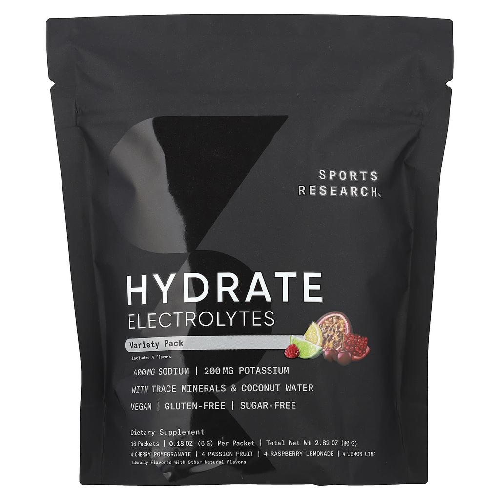 Sports Research Hydrating Electrolytes, Variety Pack, 16 Packs, 0.18 Oz (5 G) Each