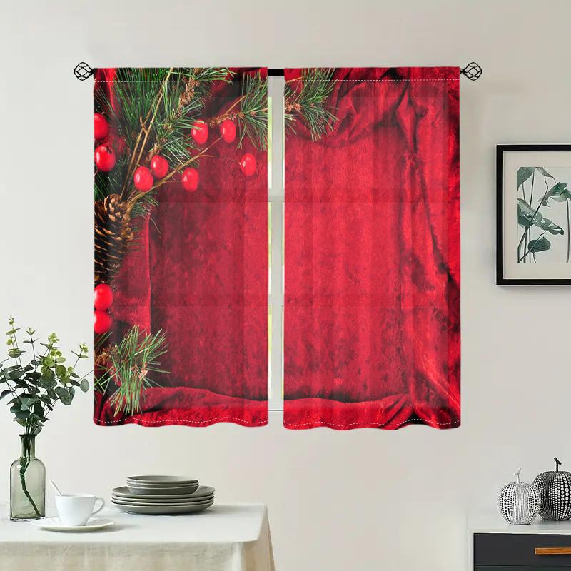 2 шт., красные шторы с изображением рождественских сосновых веток -30% затемнение - подходят для гостиной, спальни, кухни, украшения дома