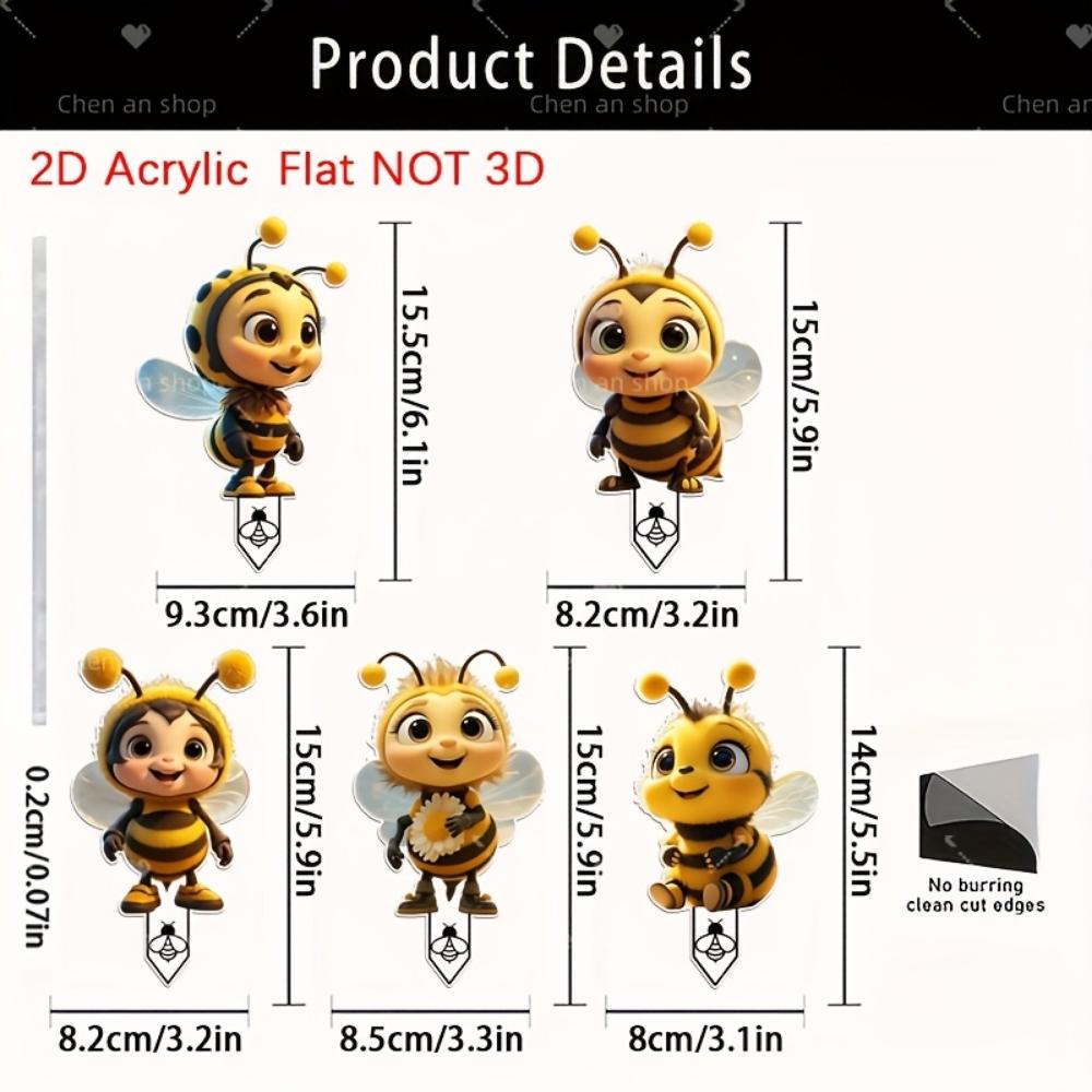 2D Flat 5-piece Set Cute Bee Friend Acrylic Garden Decoration for Patios, Lawns and Potted Plants - Ideal Holiday Gift