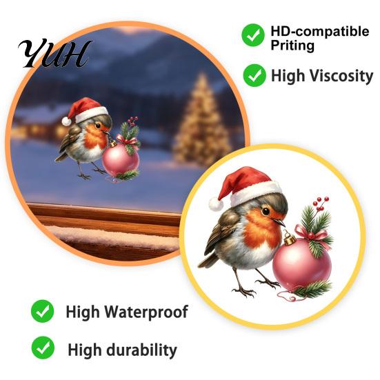 Creative Christmas Gift Ideas Bird Window Cling, Static Sticker with Santa Hat And Bauble, Waterproof PVC Glass Decals UV-Resistant Decal for