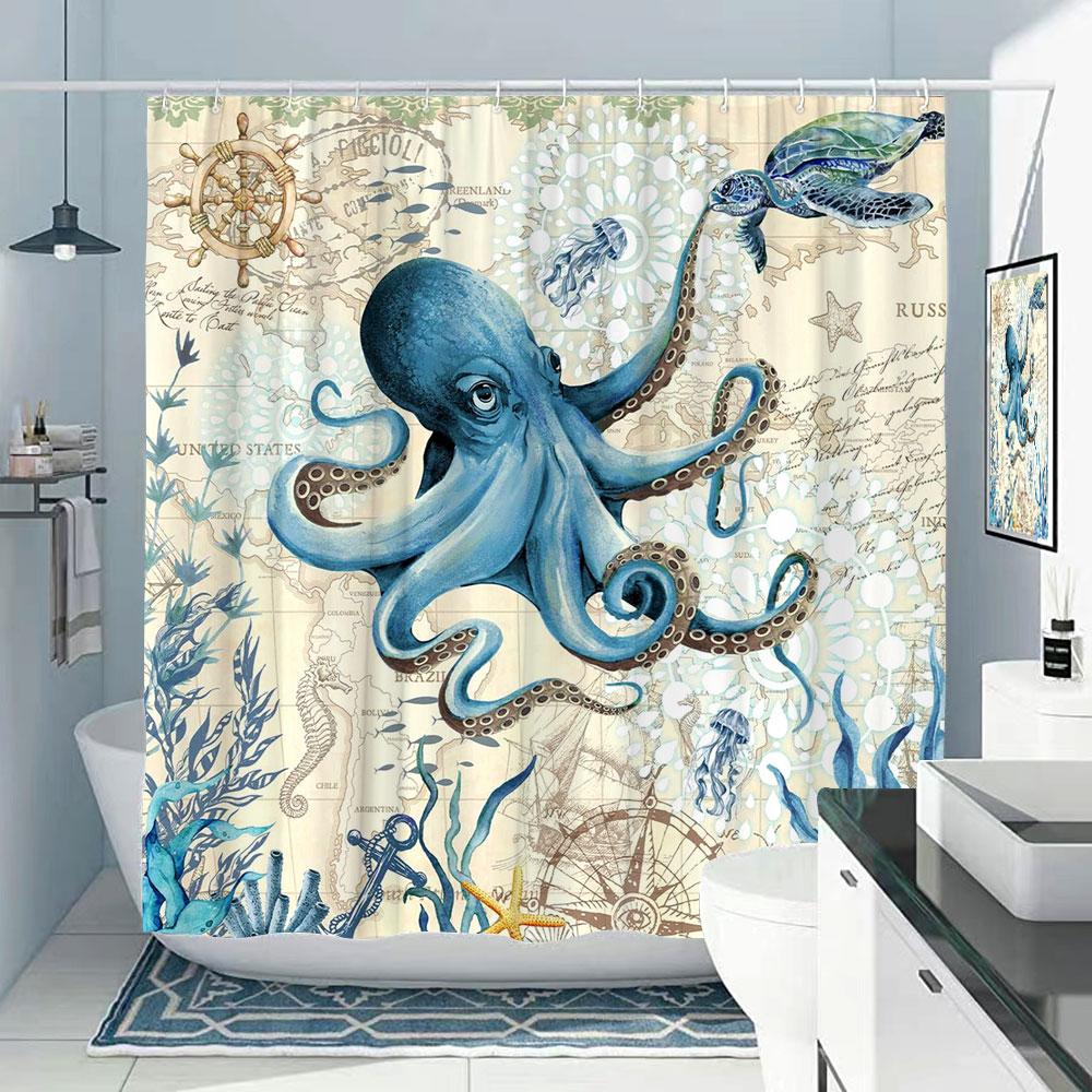 Octopus Bath Shower Curtain Nautical Ocean Sea Turtle Beach Coastal Navy Blue Fish Seashell Jellyfish Fabric Bath Curtains Bathroom Decor