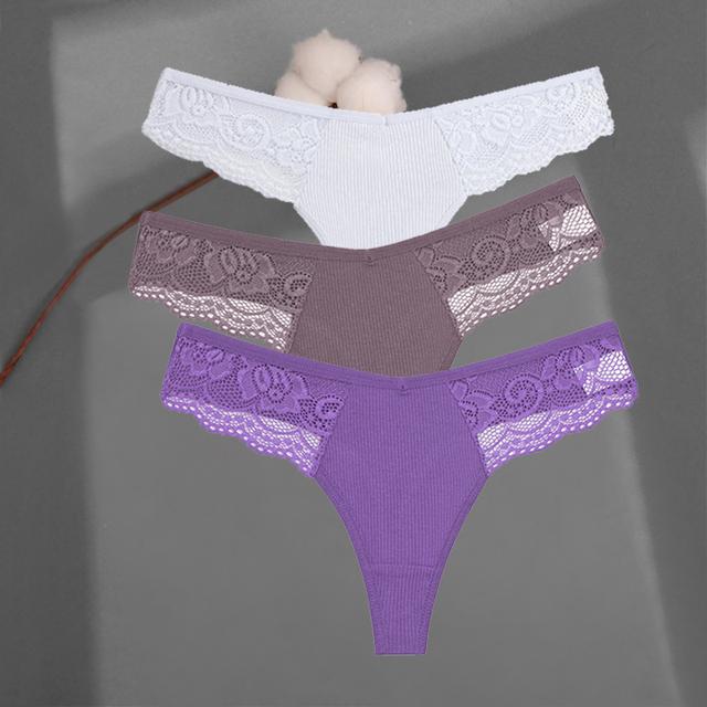 FINETOO Women's Cotton Thongs 3Pcs/set Lace Bikini Underpants S-XL Ladies G-string Underwear Soft Thong Panties Female Lingerie