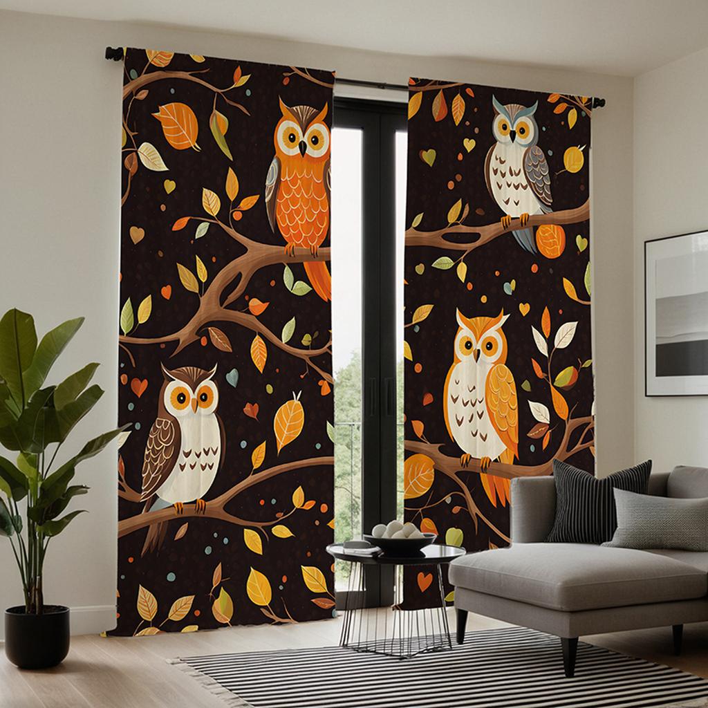 2 Pieces of HD Owl Decorative Curtain On the Tree At Night Black Tie Digital Printed Curtain Home Decoration Style Decoration Li