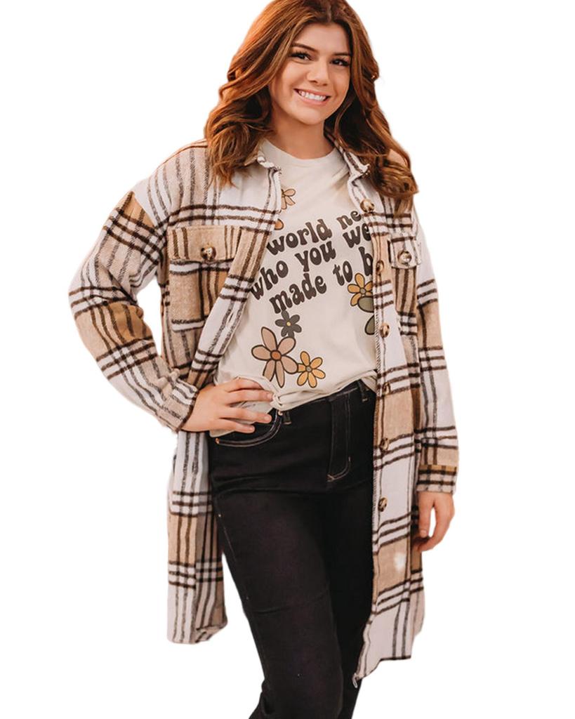 Azura Exchange Khaki Plus Size Plaid Chest Pockets Long Shacket