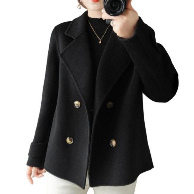 Women Double Breasted Woolen Loose Jacket Short Coat Lapel Solid Color Long Sleeve Thermal Commuting Dating
