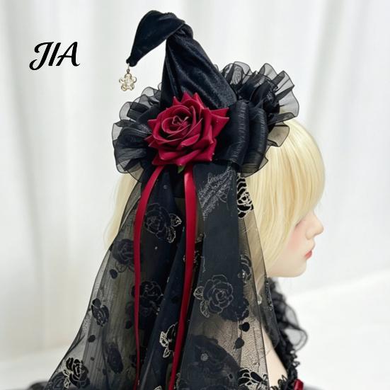 Decorative Witch Hats Halloween Hat with Rose for Women, Gothic Vintage Mini Wizard Women Headpiece Veil Costume, Dress Up, Masquerade Party Reusable