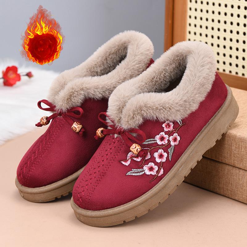 Женские зимние теплые ботинки на платформе для снега с подкладкой из искусственного меха, повседневные нескользящие короткие ботинки с вышивкой для женщин, домашняя обувь для отдыха на открытом воздухе