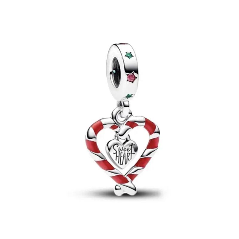 Red Christmas Apple Gift Dangle Charms Beads 925 Sterling Silver Heart Bracelet Women Jewelry