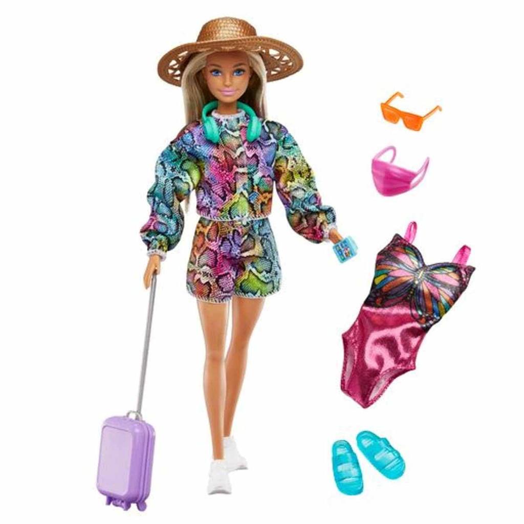 Barbie Holiday Fun Doll Blonde Highlighted Travel Tote Swimsuit Summer Great Gift for Kids 3 To 7 Years Old (12 Inches), Hair, & Hat, & Accessories,