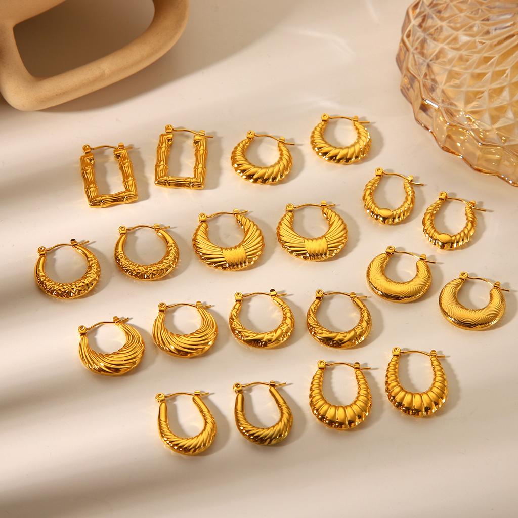 U-shaped 18K Gold Stainless Steel Earrings for Women, Fashionable Versatile Geometric Textured Titanium Steel Ear Jewelry