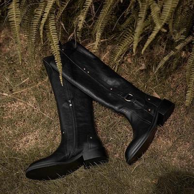 Кожаная доска~ Высокие рыцарские сапоги Металлическая пряжка Черные, но сапоги до колена Узкие Ретро Толстый каблук Западные ковбойские сапоги