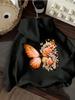 Orange Butterfly Rose Print Hoodie Women Casual Soft Long Sve Hooded Pullover Women's Oversized Hoodie Casual Streetwear Sweatshir