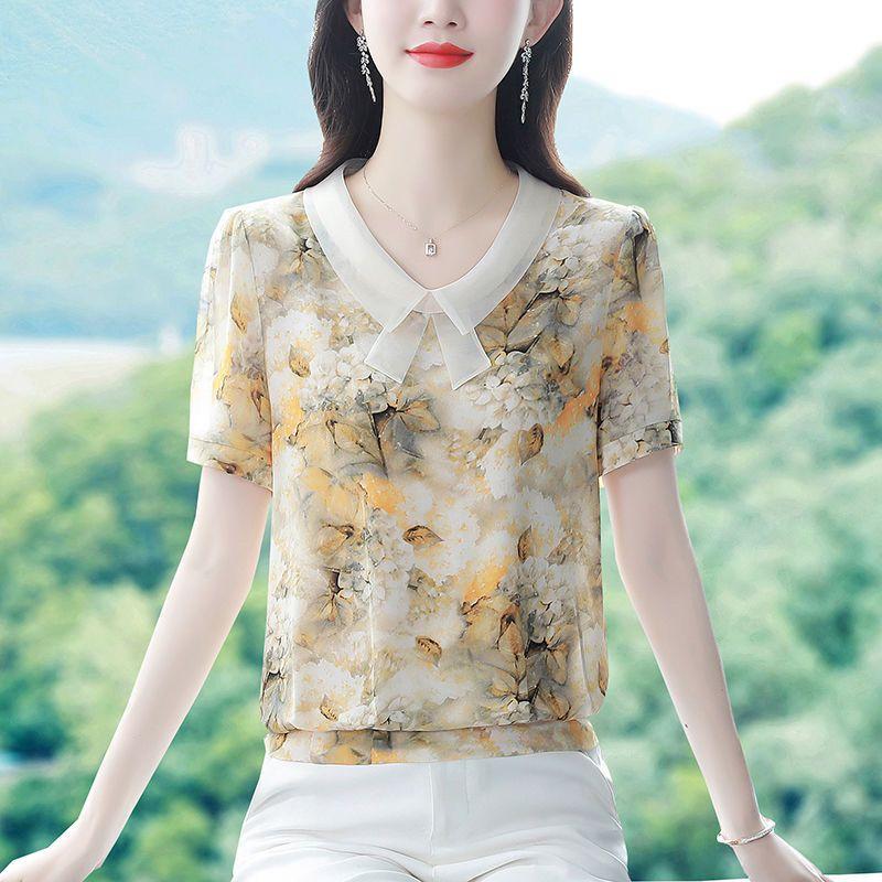 Новая летняя шифоновая рубашка с коротким рукавом, кукольный вырез, лоскутный топ с цветочным принтом, женская свободная блузка для матери, M-5XL