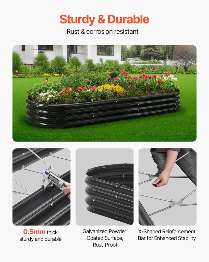 Metal Raised Garden Bed, 2.4 x 0.6 x 0.3 m Oval Outdoor Galvanized Planter Garden Box, Open Bottom Design, Large Planter Raised Bed for Growing
