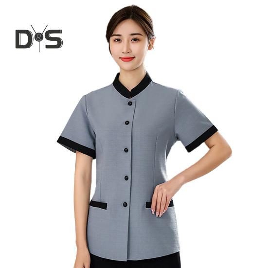 Униформа для ведения домашнего хозяйства в отеле, женская облегающая верхняя одежда с воротником-стойкой и короткими рукавами, однобортные карманы, рабочая униформа, топы