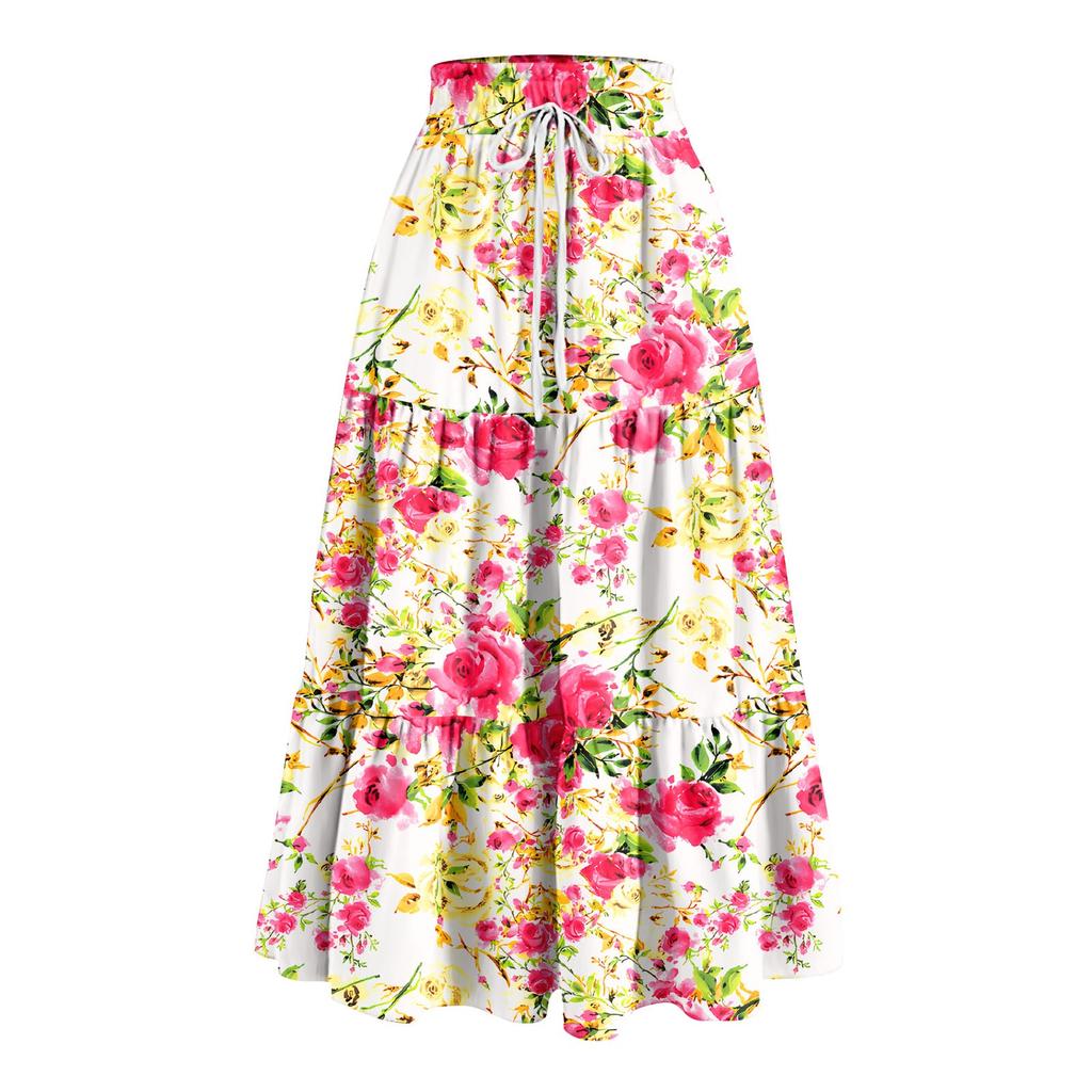 Women's Ruffled Spring Casual Long Skirt Plain Color Skirt Retro Pleated Skirt