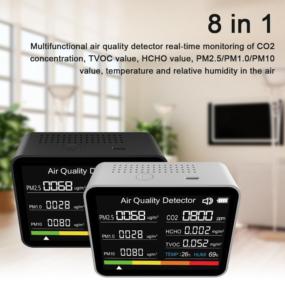 8 в 1 Монитор качества воздуха Измеритель CO2 Детектор углекислого газа CO2 TVOC HCHO PM2.5 PM1.0 PM10