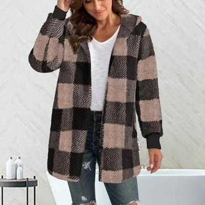 Куртки с капюшоном и клетчатым принтом, женский кардиган из двойного флиса в клетку, толстый, теплый, модный, средней длины, свободный, в стиле пэчворк, верхняя одежда