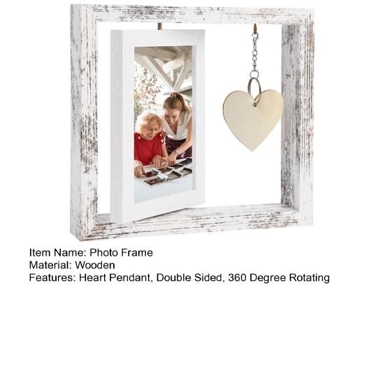 Вращающаяся деревянная фоторамка, двухсторонний держатель для фотографий с подвеской в виде сердца, настольная отдельно стоящая фоторамка
