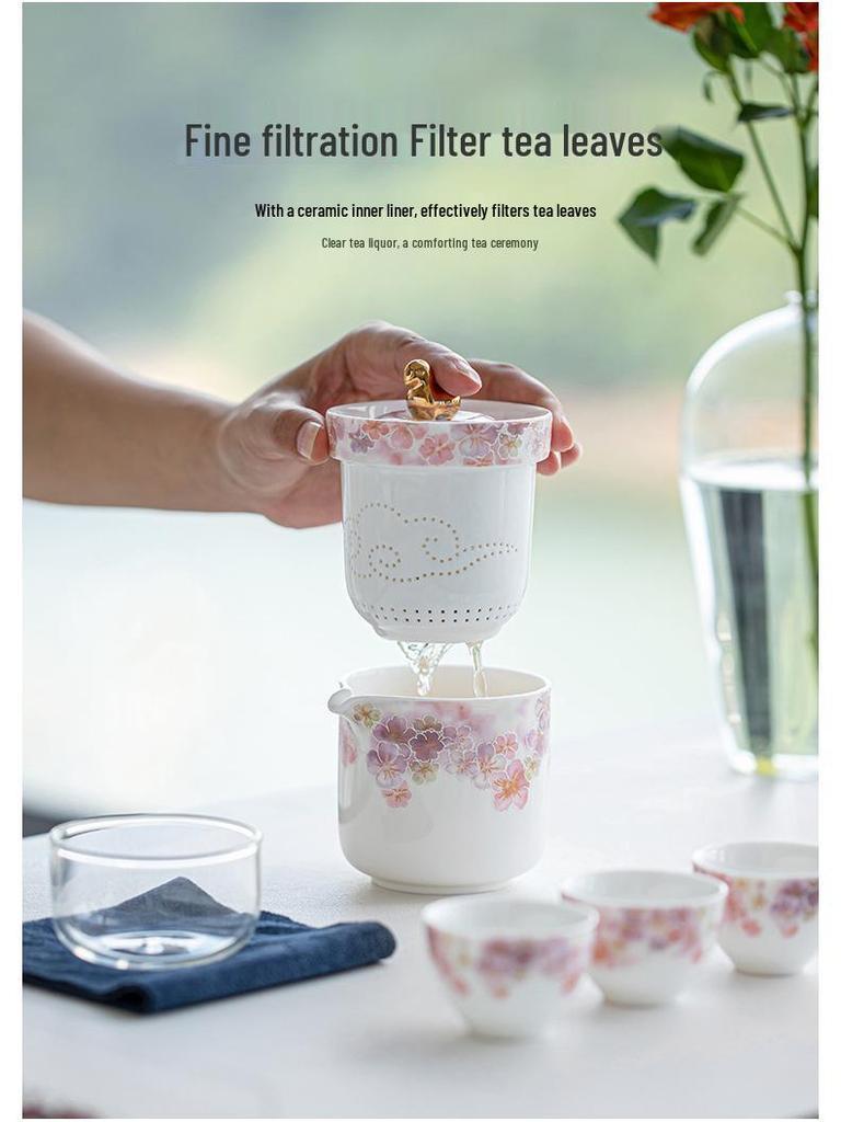 White Porcelain Floral Travel Tea Set: Includes One Pot, Three Cups, and Portable Bag.