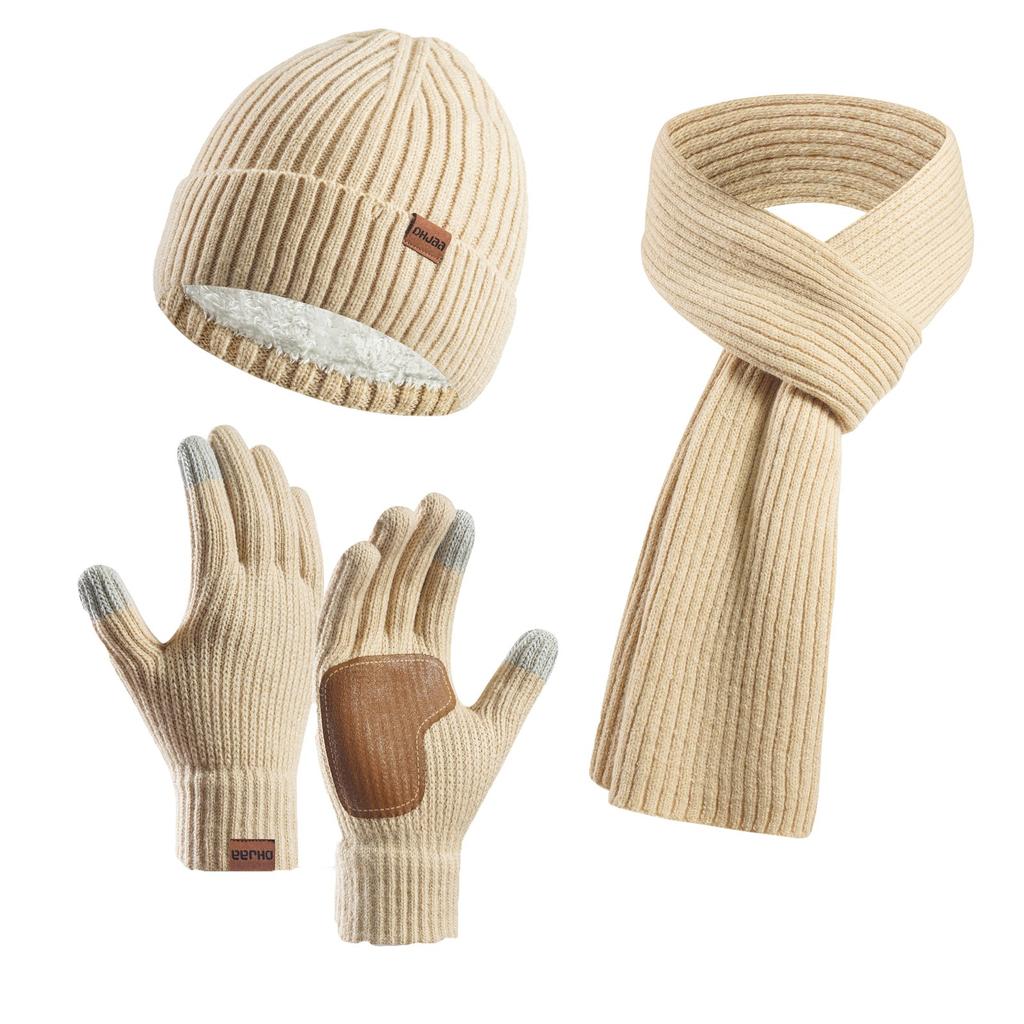 Couple Style Warm Wool Hat Knitted Plus Velvet Thickened Adult Hat Scarf Gloves Three-piece Set