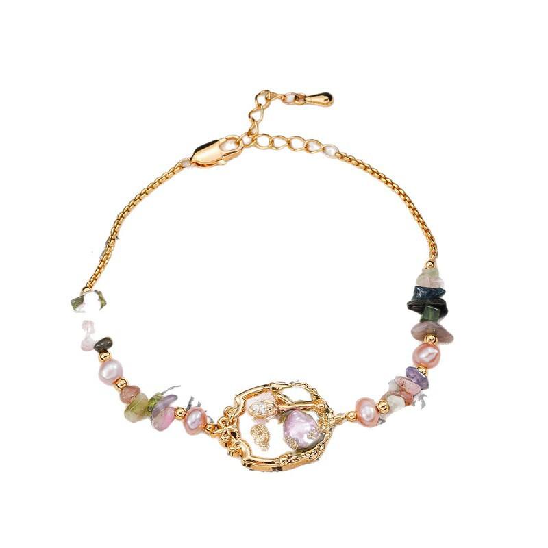 Elegant Floral Freshwater Pearl Bracelet With 18K Gold Plated Copper Natural Stone Women Stretch Design