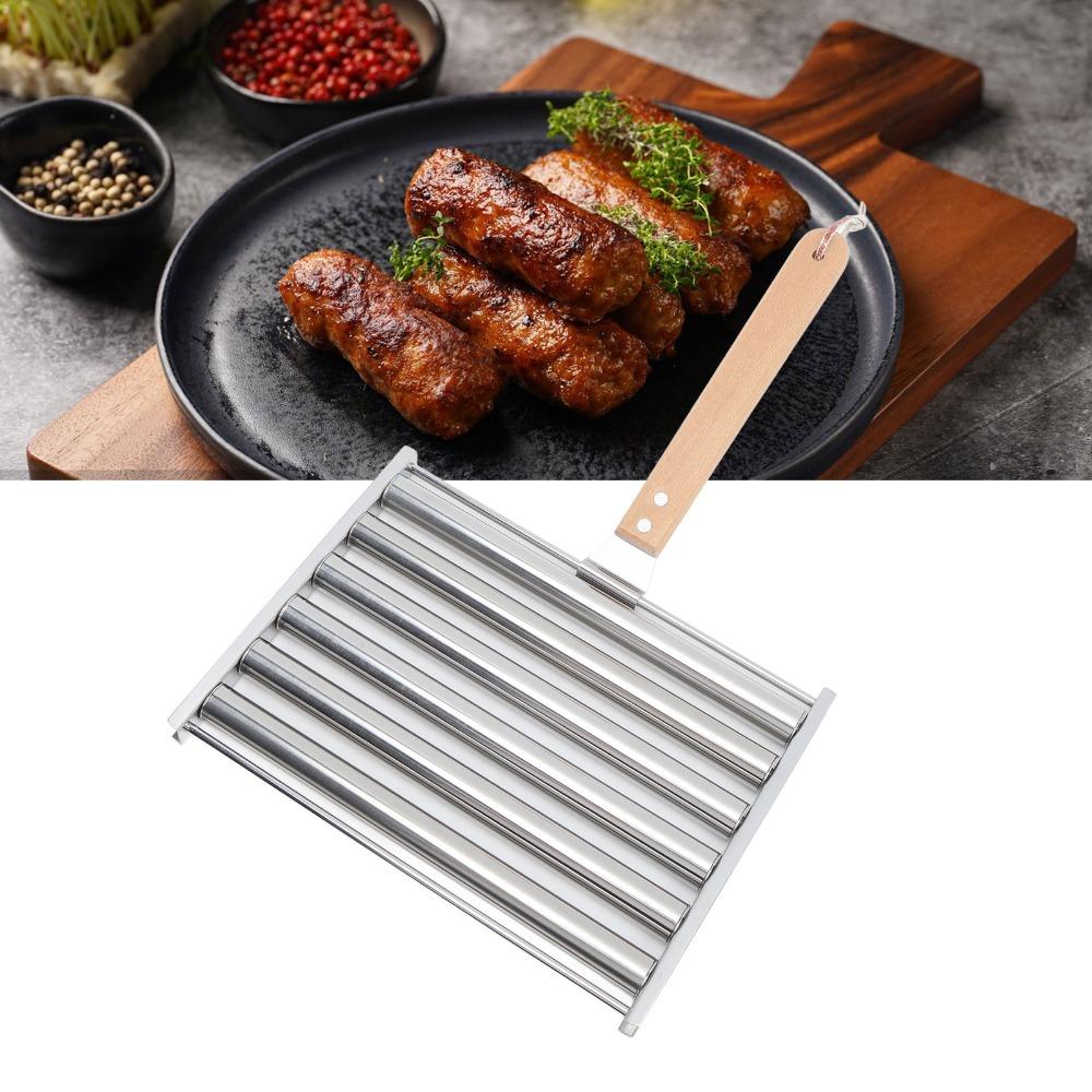 Detachable Wooden Handle Hot Dog Roller Stainless Steel\ Hot Dog Griller Barbecue Grilling